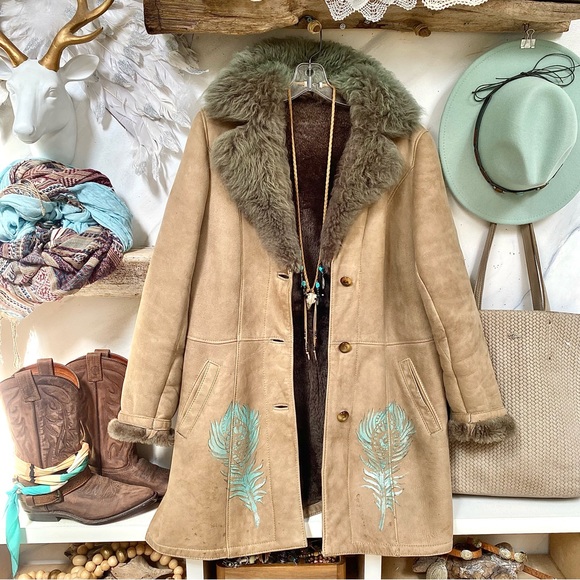 Handpainted Shearling rustic suede AQUA OMBRA leather Gypsy jacket blue feathers - Picture 14 of 16